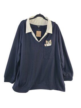 NEW Bloomchic Navy Long-Sleeve Collared Pullover Cat Pocket Size US 26 EU 56